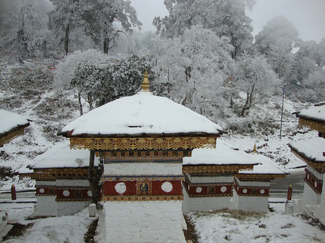 Fresh snow on the chortens at Dochula pass