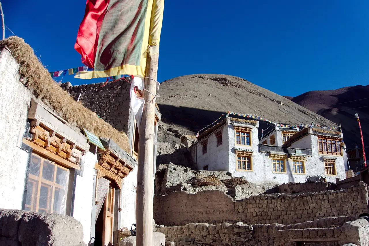 Ladakhi village homes with prayer flags