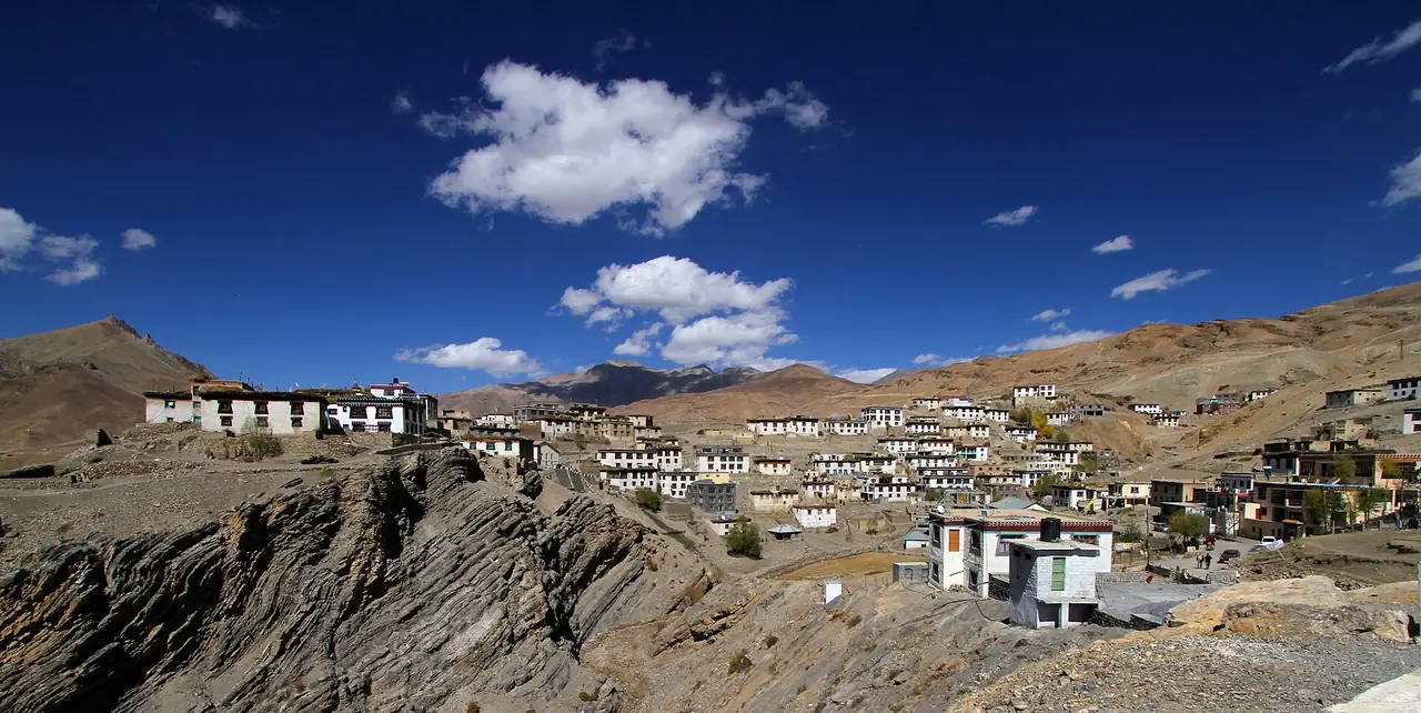 Kibber village on the edge of a ridge in Spiti