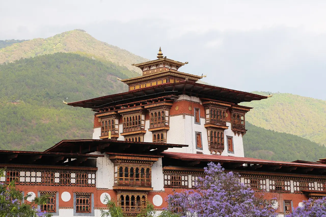 Punakha Dzong with jacaranda in bloom