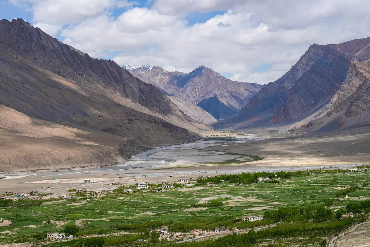 Barley fields in a wide Himalayan valley